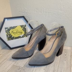 Tory Burch Gray suede, Brown stacked heels.